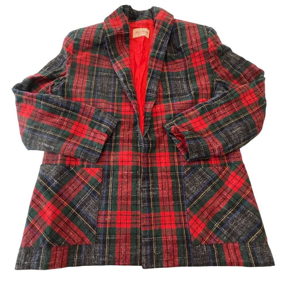 Vintage Alison Roberts Plaid Blazer Red Green‎ Tartan Shawl Collar Made in USA